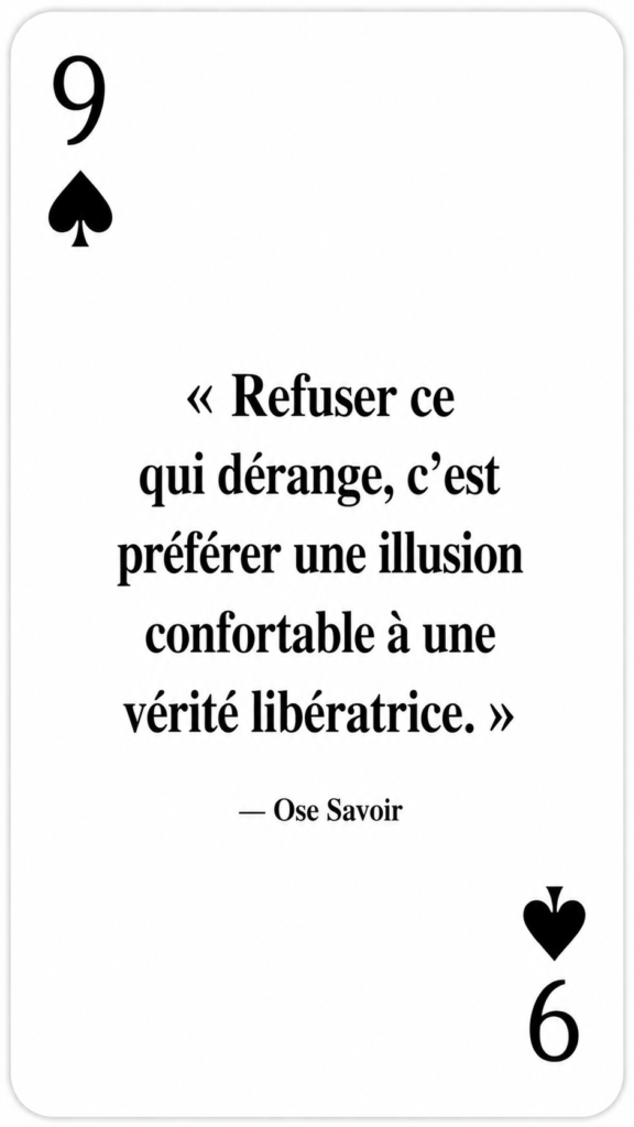 Déni
Courage de la vérité
Quelle vérité est-ce que j’évite parce qu’elle m’obligerait à changer ?